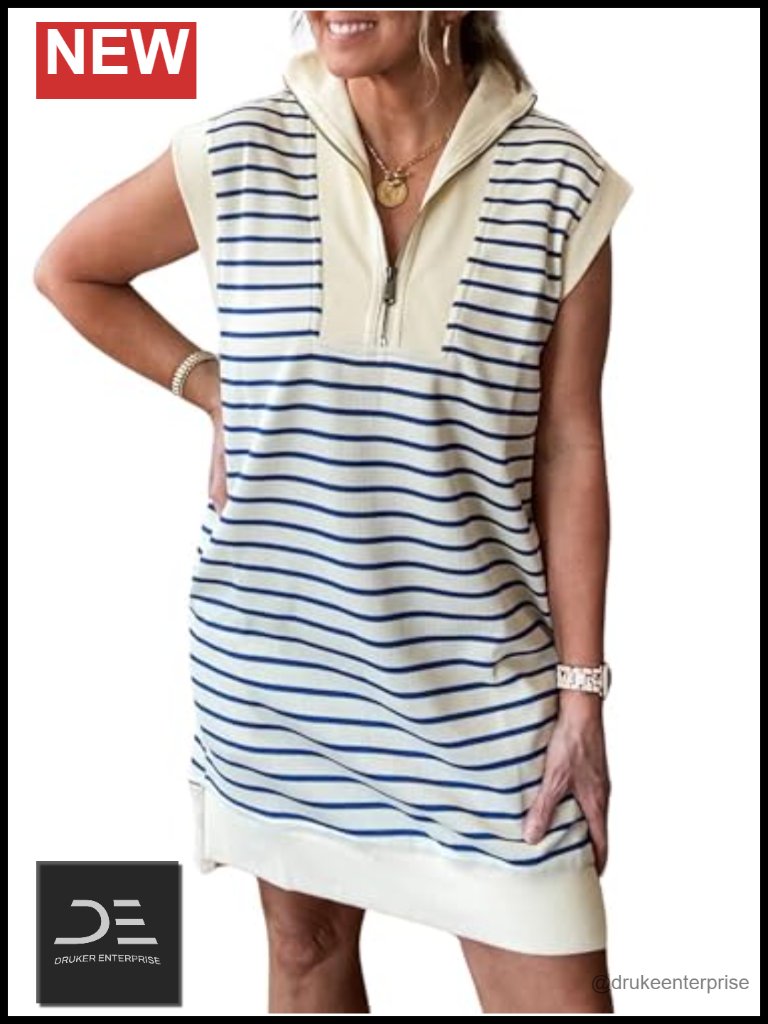 Striped Knit Mini Dress With Pockets 1/4 Zip Sleeveless Shift Dress